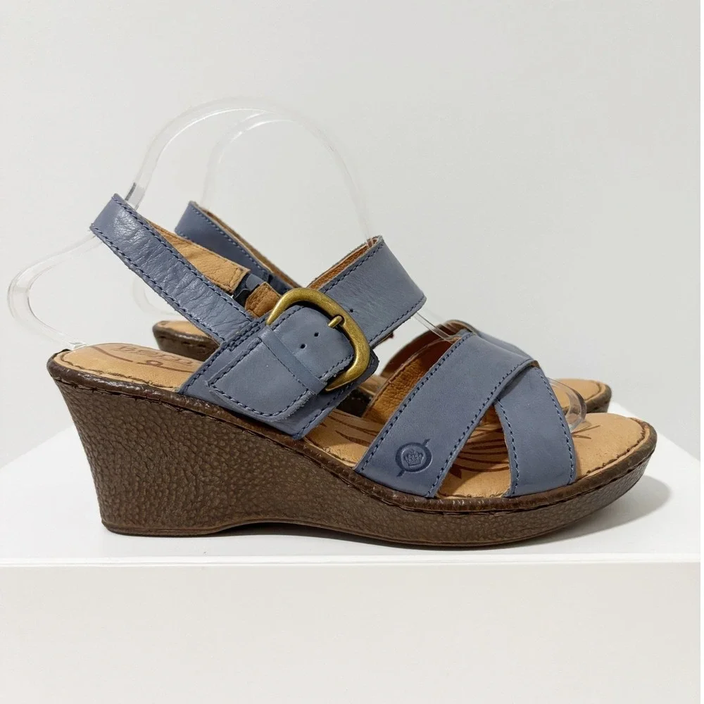 Born Slate Blue Leather Wedge Sandals
